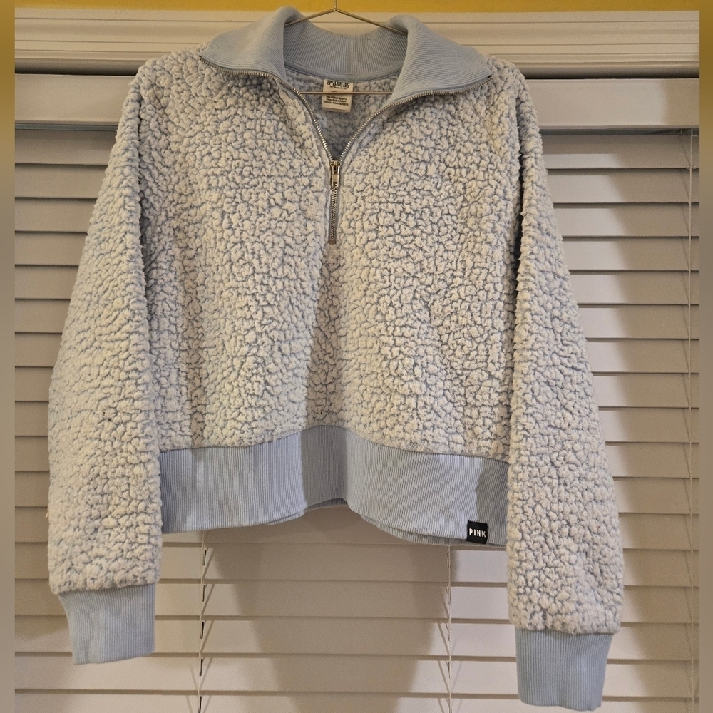 Victoria Secret Pink 1/4 Zip Cropped Pullover Sherpa Sweater Jacket Sz M Blue